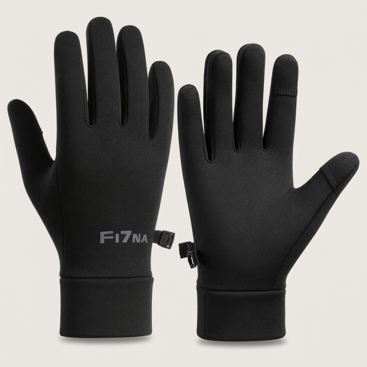 Guantes táctiles negros de invierno sobre fondo gris claro